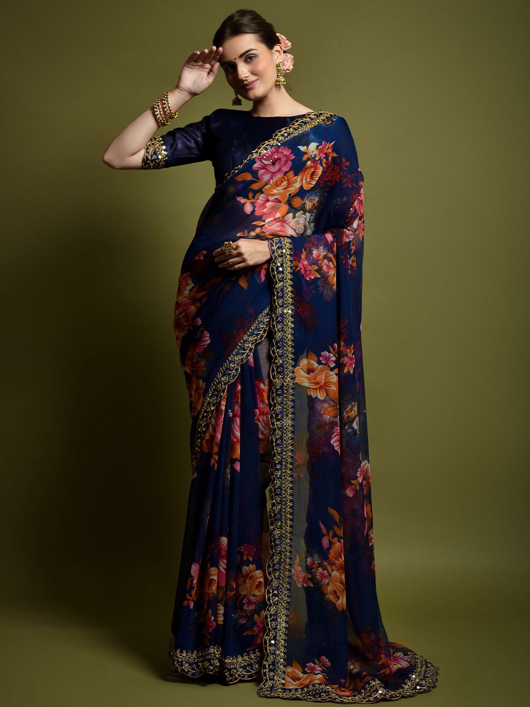 

Moda Rapido Floral Sequinned Pure Georgette Saree, Blue