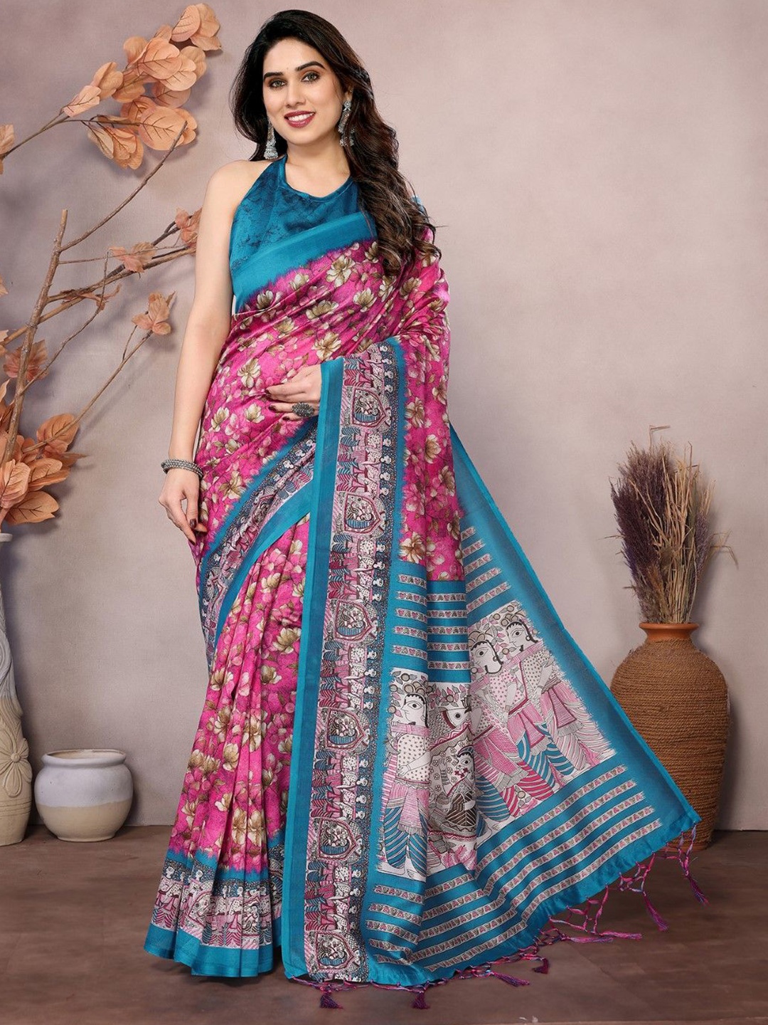 

KALINI Floral Printed Saree and Unstitched Blouse Material, Pink