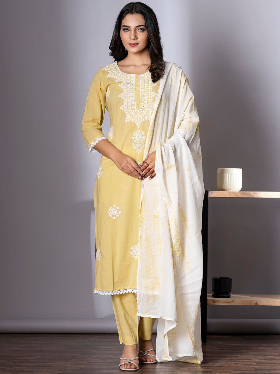

Readiprint Fashions Floral Thread Work Straight Pure Cotton Kurta With Trousers & Dupatta, Yellow