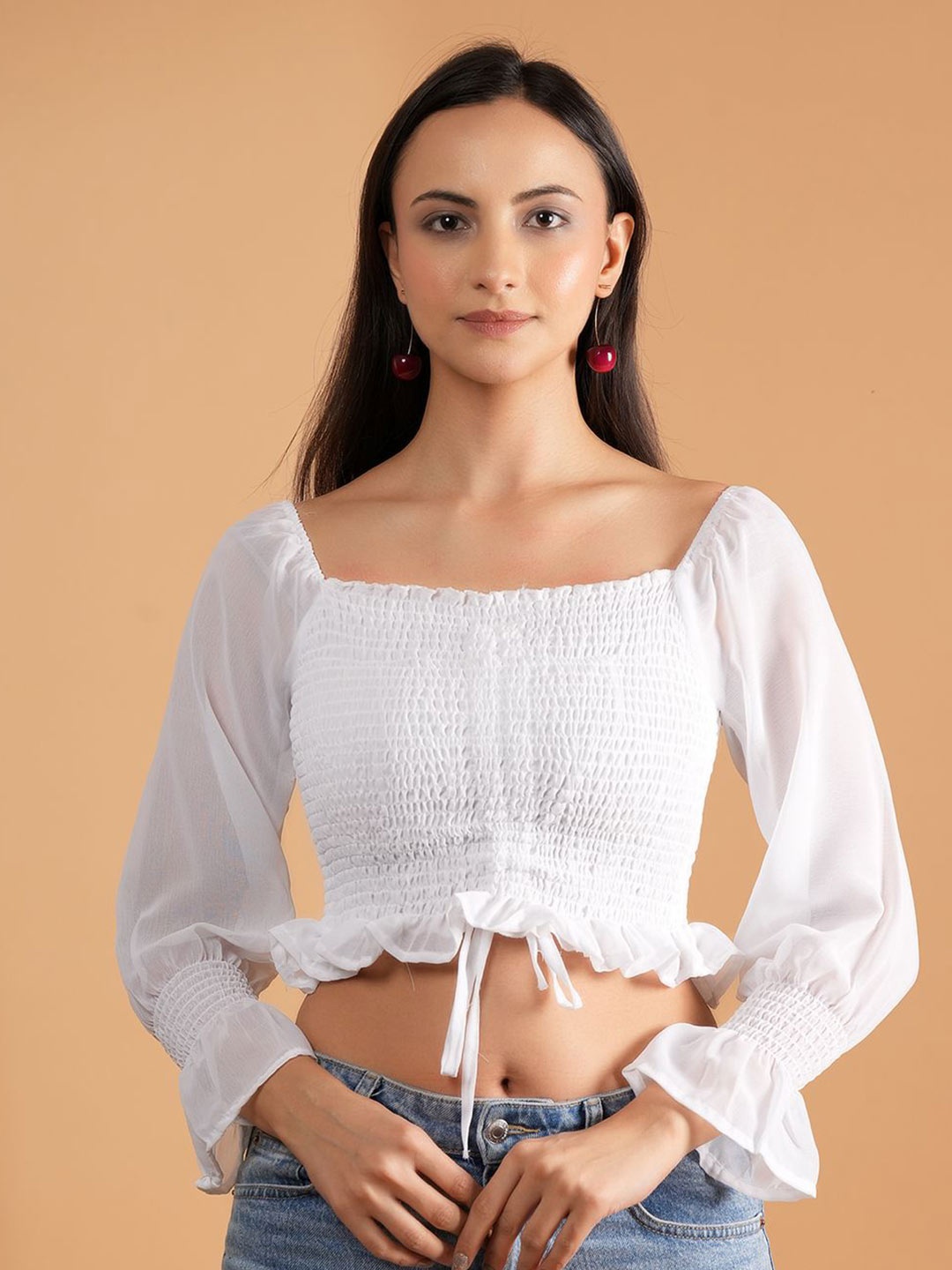 

NEYSA Women Square Neck Bell Sleeve Cinched Waist Crop Top, White