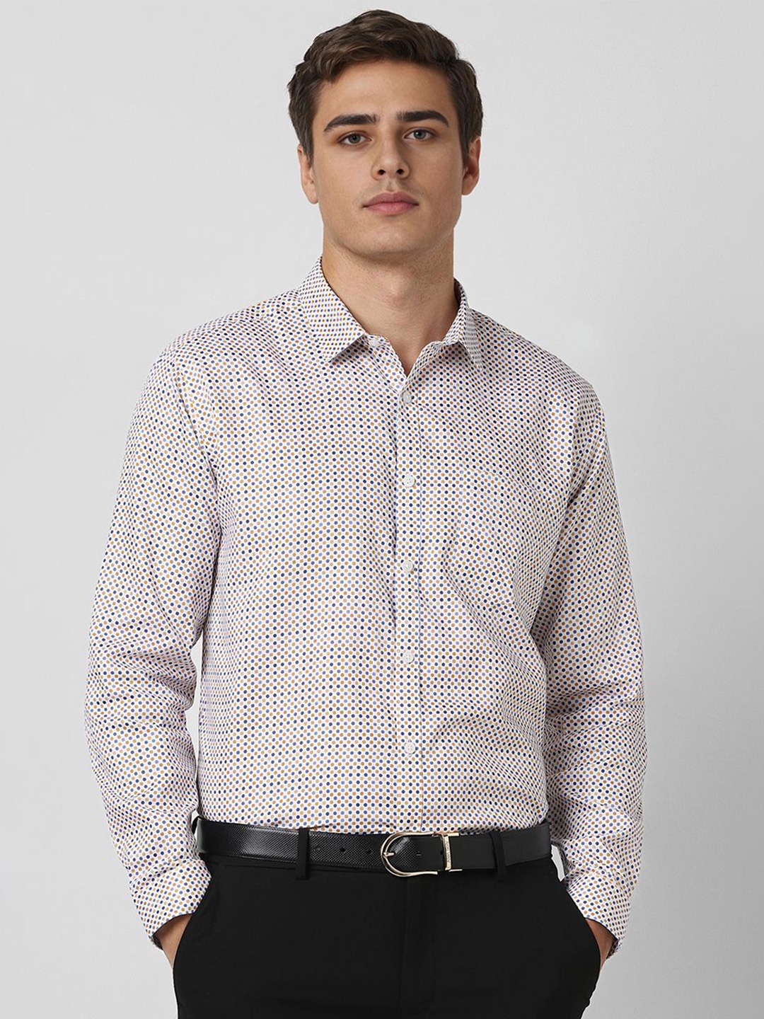 

V Dot Men Spread Collar Polka Dots Printed Cotton Formal Shirt, White