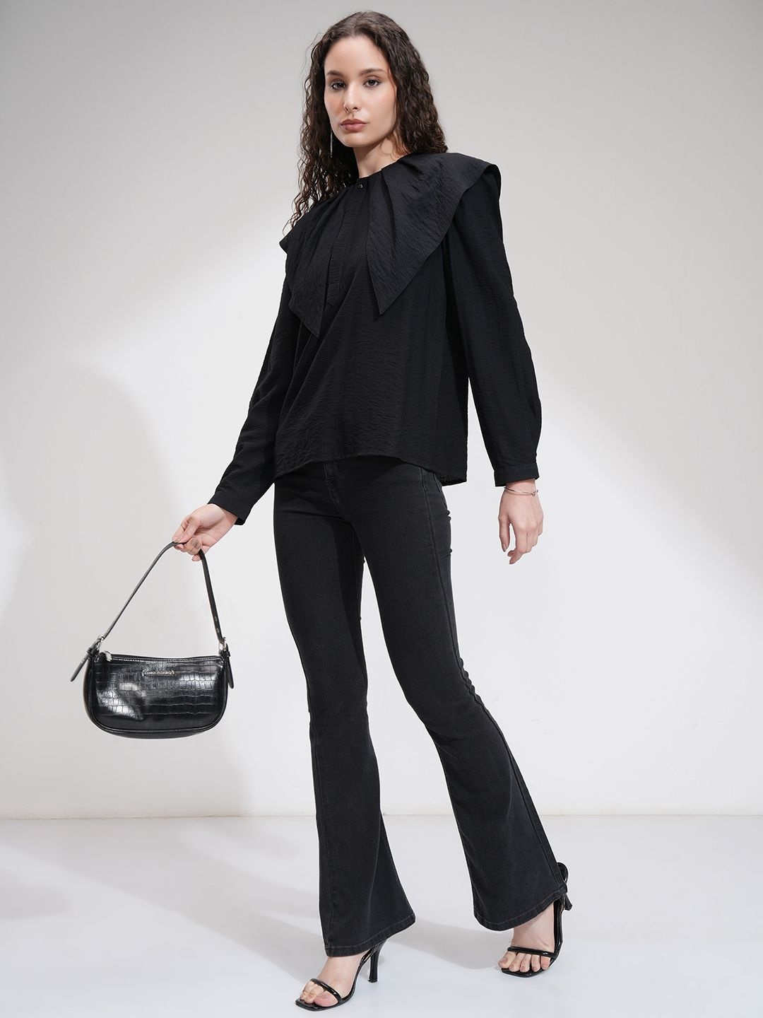 

Tokyo Talkies Women Solid Exaggerated Collar Top, Black