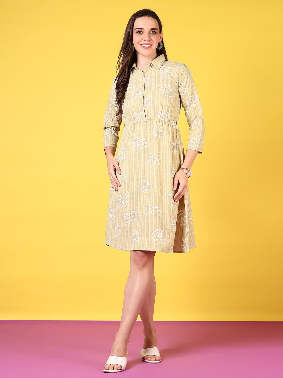 

V-Mart Floral Printed Cotton A-Line Dress, Green
