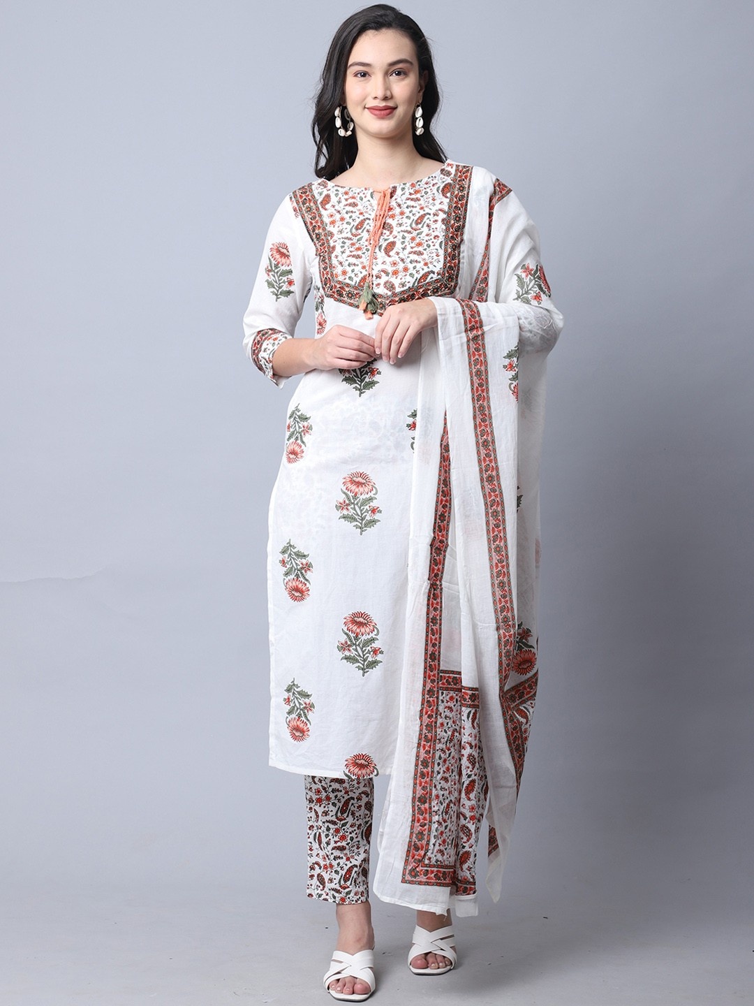 

Handish Floral Printed Tie-Up Neck Kurta With Trousers And Dupatta, White