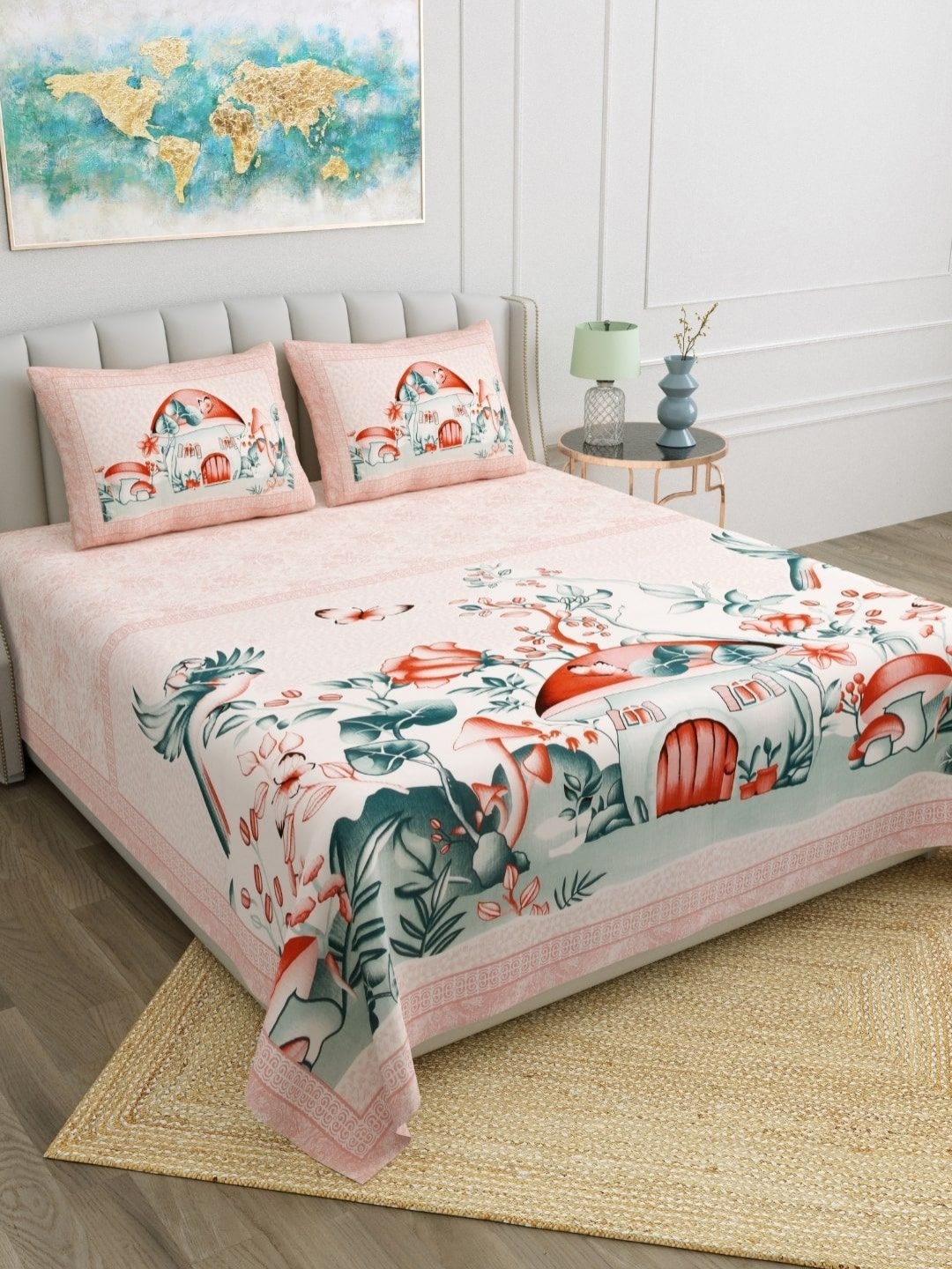

JAIPUR FABRIC Pink & Grey Floral 180 TC King Bedsheet with 2 Pillow Covers