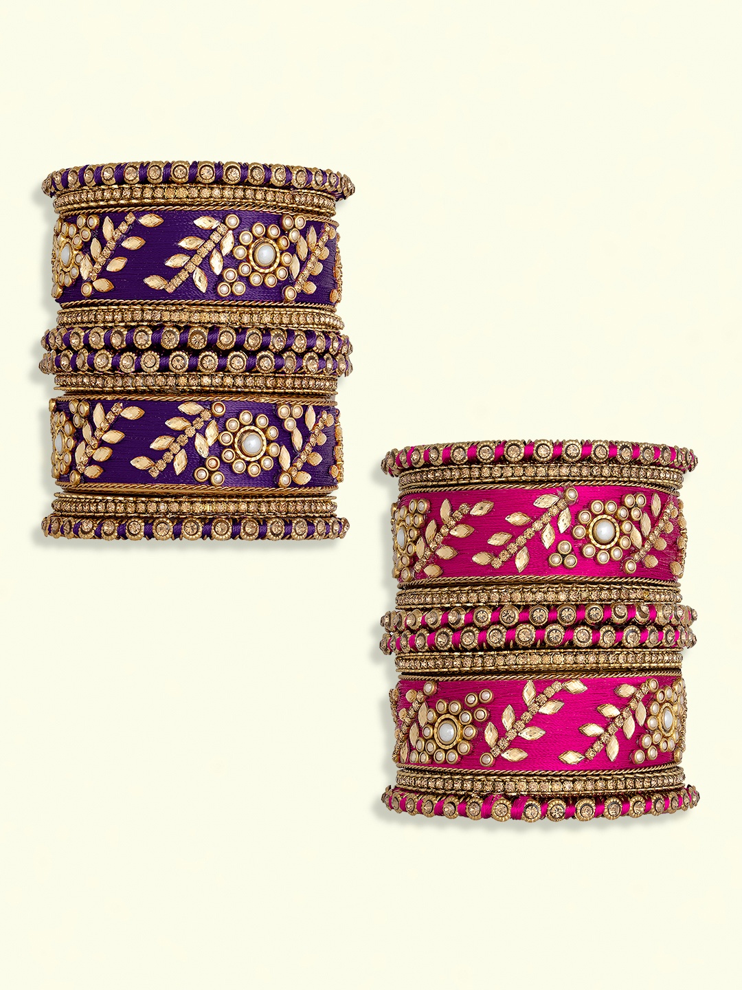 

Peora Set Of 20 Gold Plated Stone Studded & Silk Threaded Bangles