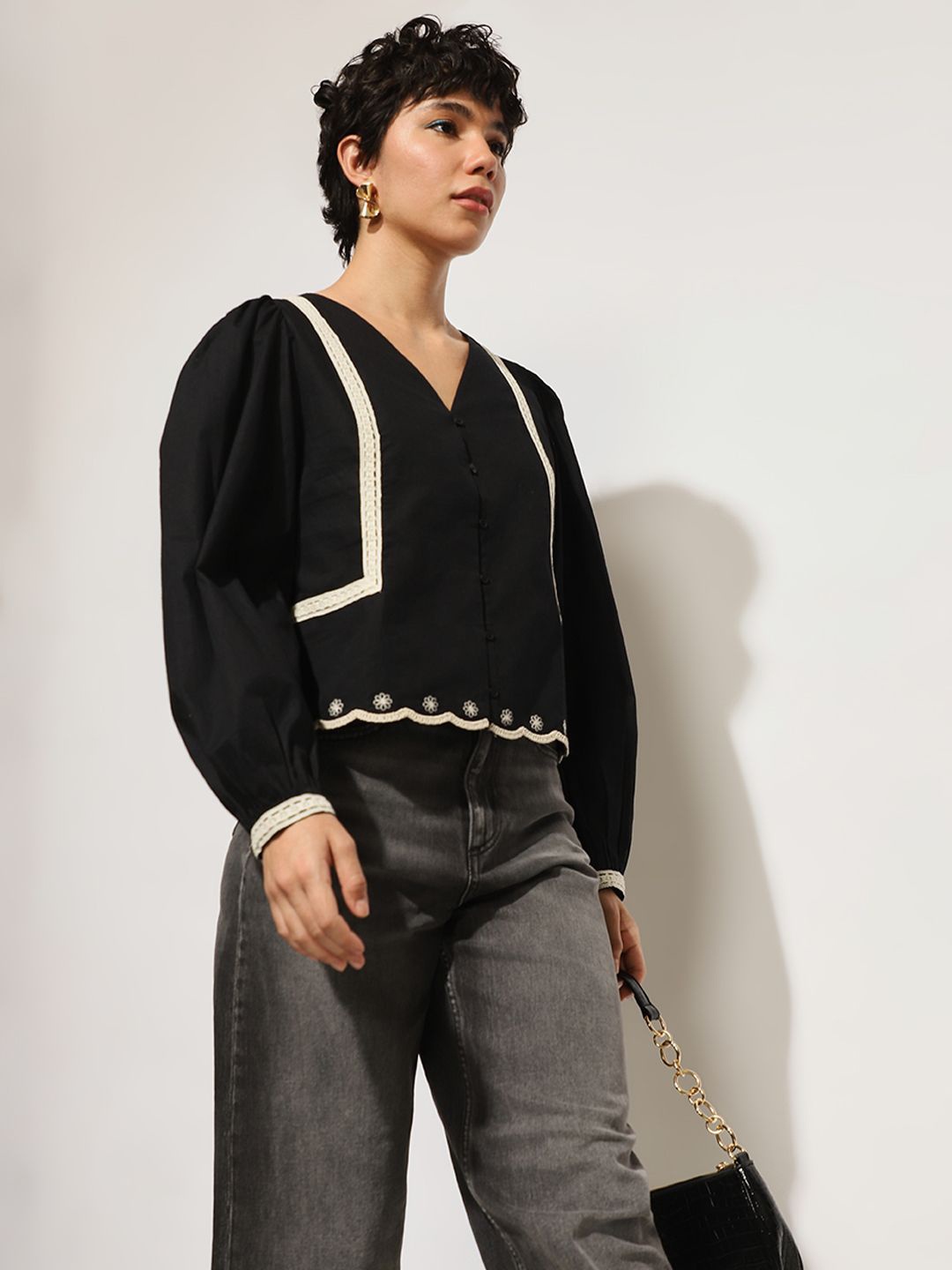 

ONLY Embroidered Monochrome Cotton Shirt Style Top, Black