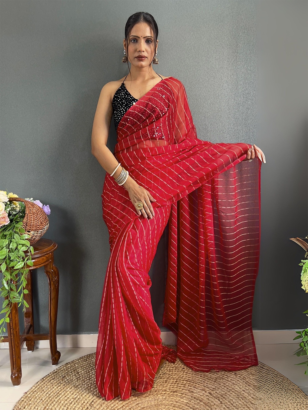 

Moda Rapido Striped Pure Georgette Saree With Unstiched Blouse Piece, Red