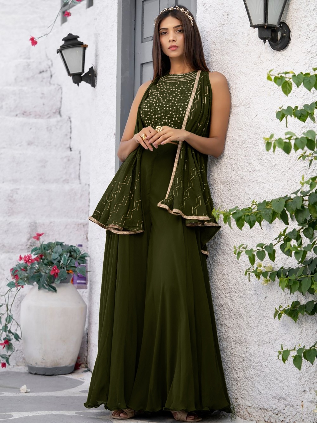 

SANCIA Geometric Embroidered Halter Neck Sequinned Crop Top With Palazzos & Dupatta, Olive