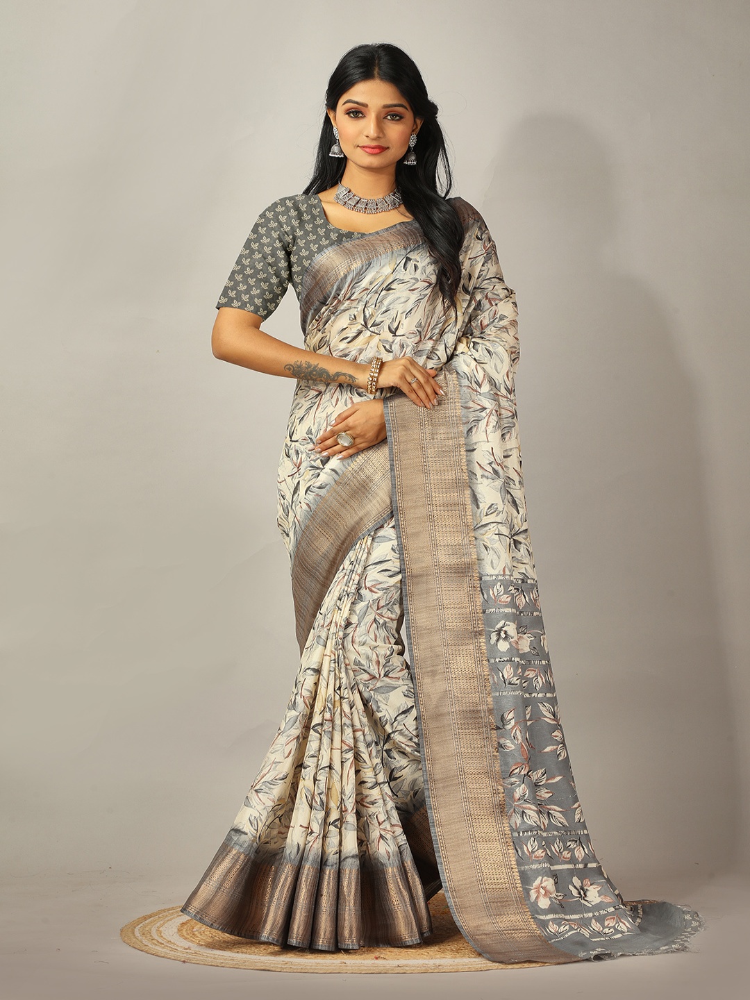 

A.V.M. SILK MILLS Floral Printed Woven Design Zari Pure Crepe Saree, Grey