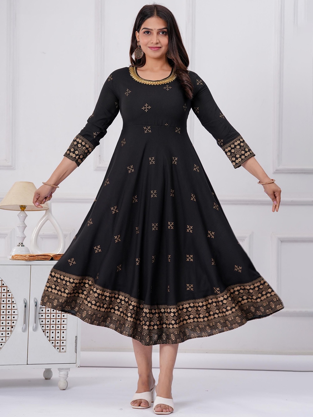 

Sanganeri Kurti Ethnic Motifs Print Fit & Flare Midi Dress, Black