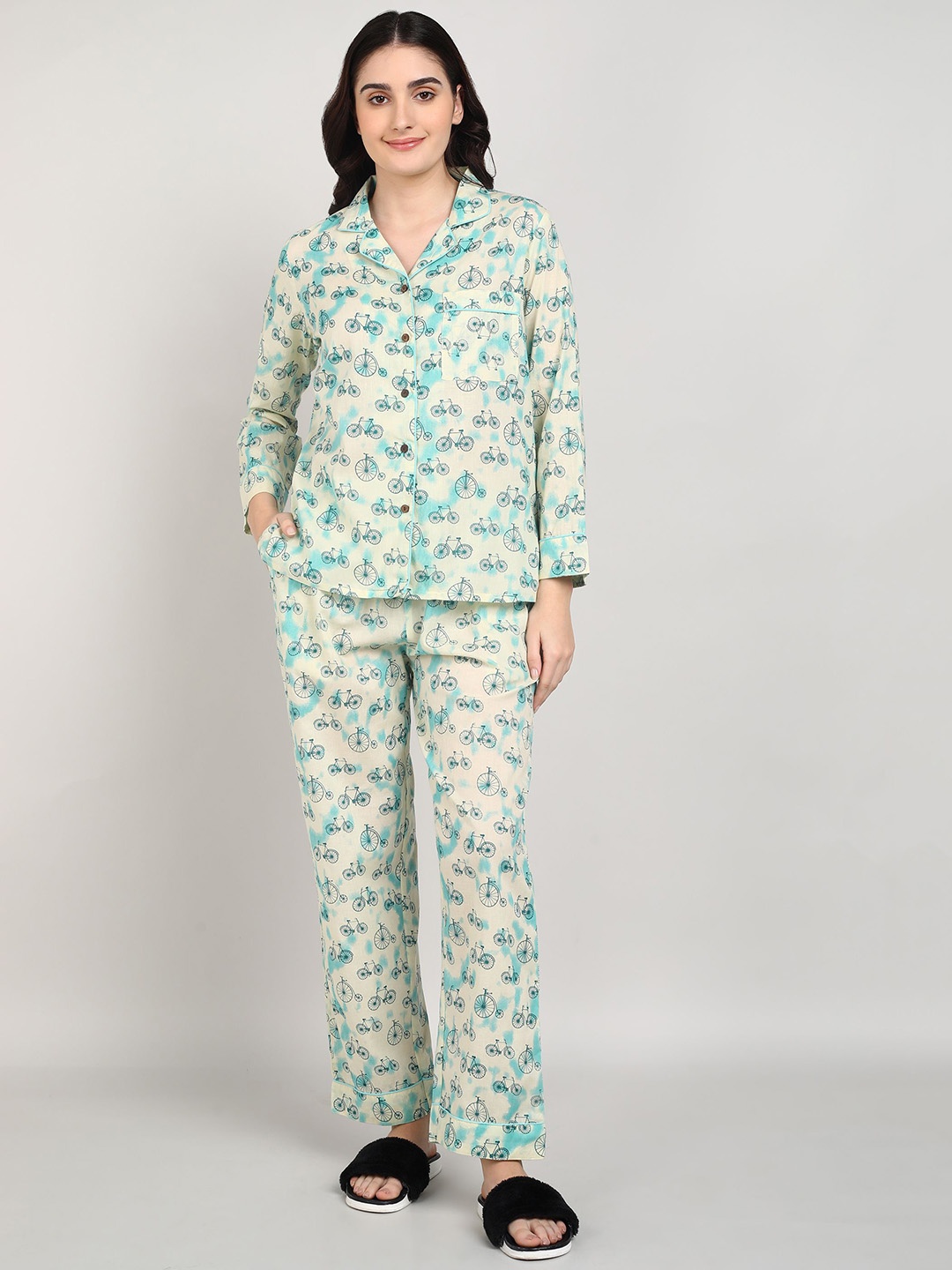 

Label Ceres Women Printed Pure Cotton Night suit, Off white