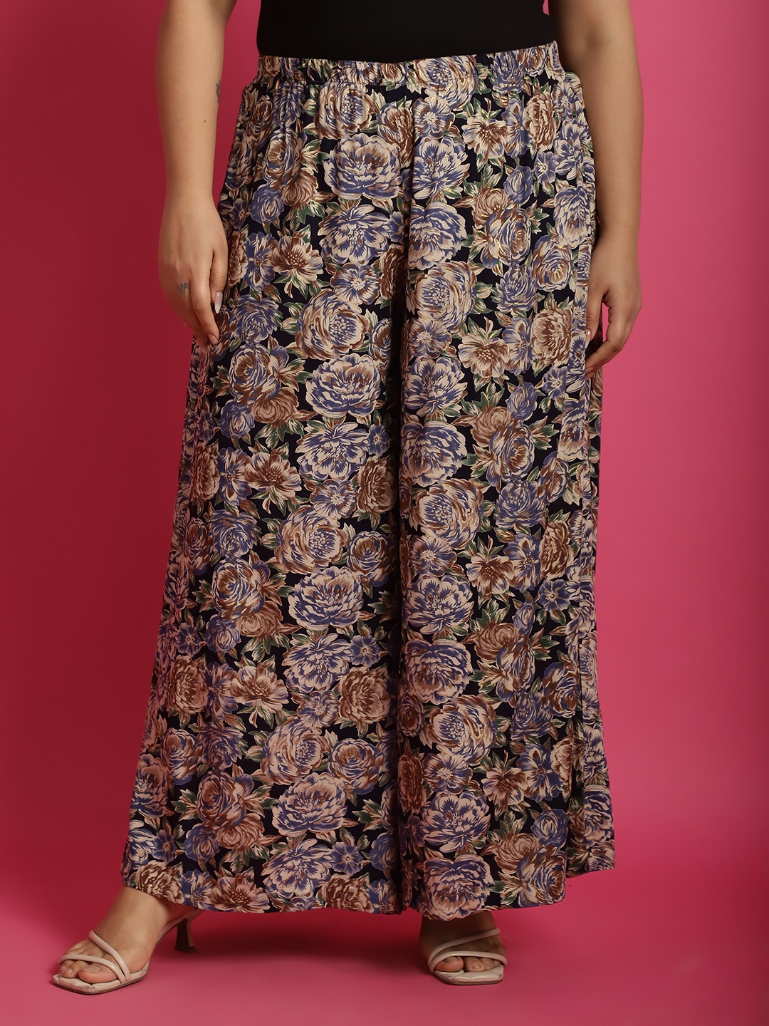 

theRebelinme Women Plus Size Floral Printed Wide Leg Palazzo Pant, Navy blue