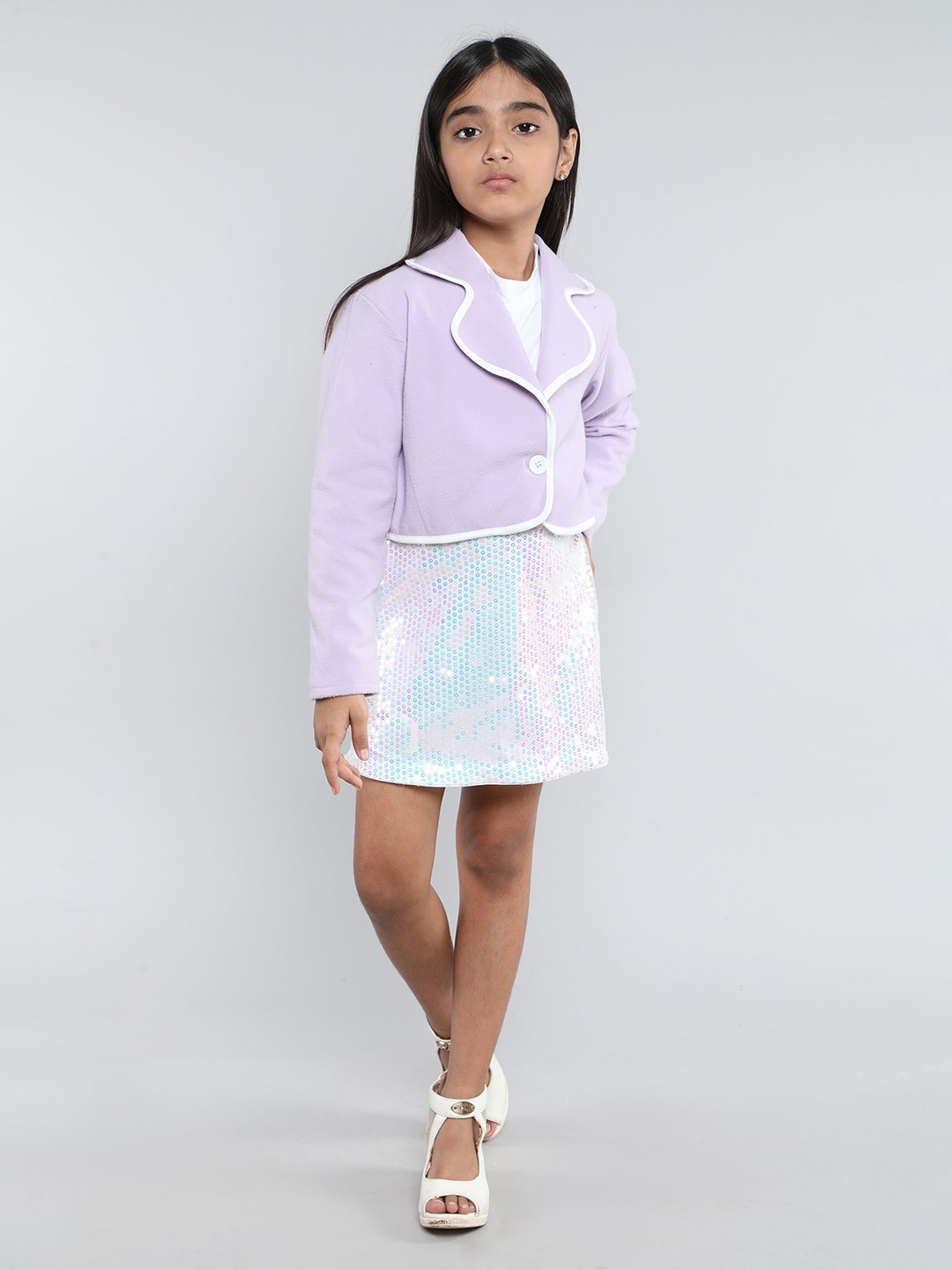 

taffykids Girls Lapel Collar Jacket With T-Shirt & Skirt, White