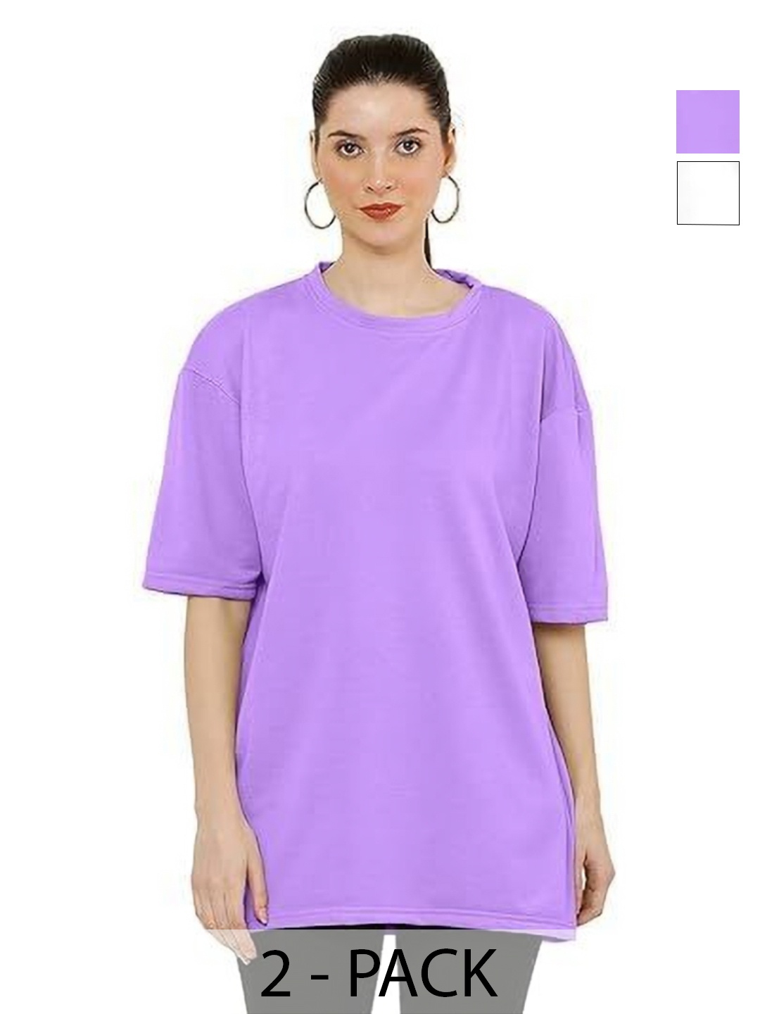 

NOTWILD Women Pack Of 2 Solid Cotton Relaxed Fit T-shirts, Lavender