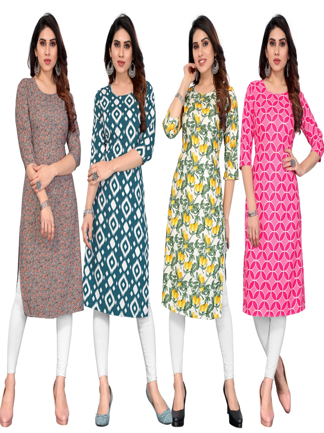 

KETAKI FASHION Selection Of 4 Floral Printed Round Neck Straight Kurtas, Brown