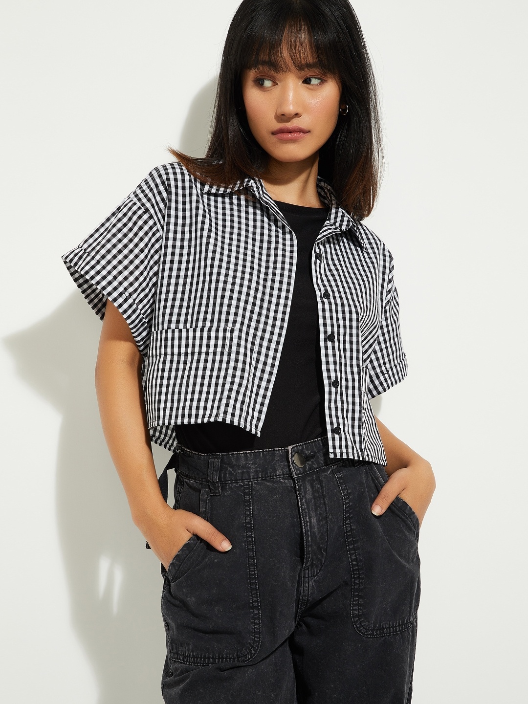 

max Women Gingham Checks Opaque Checked Casual Shirt, Black