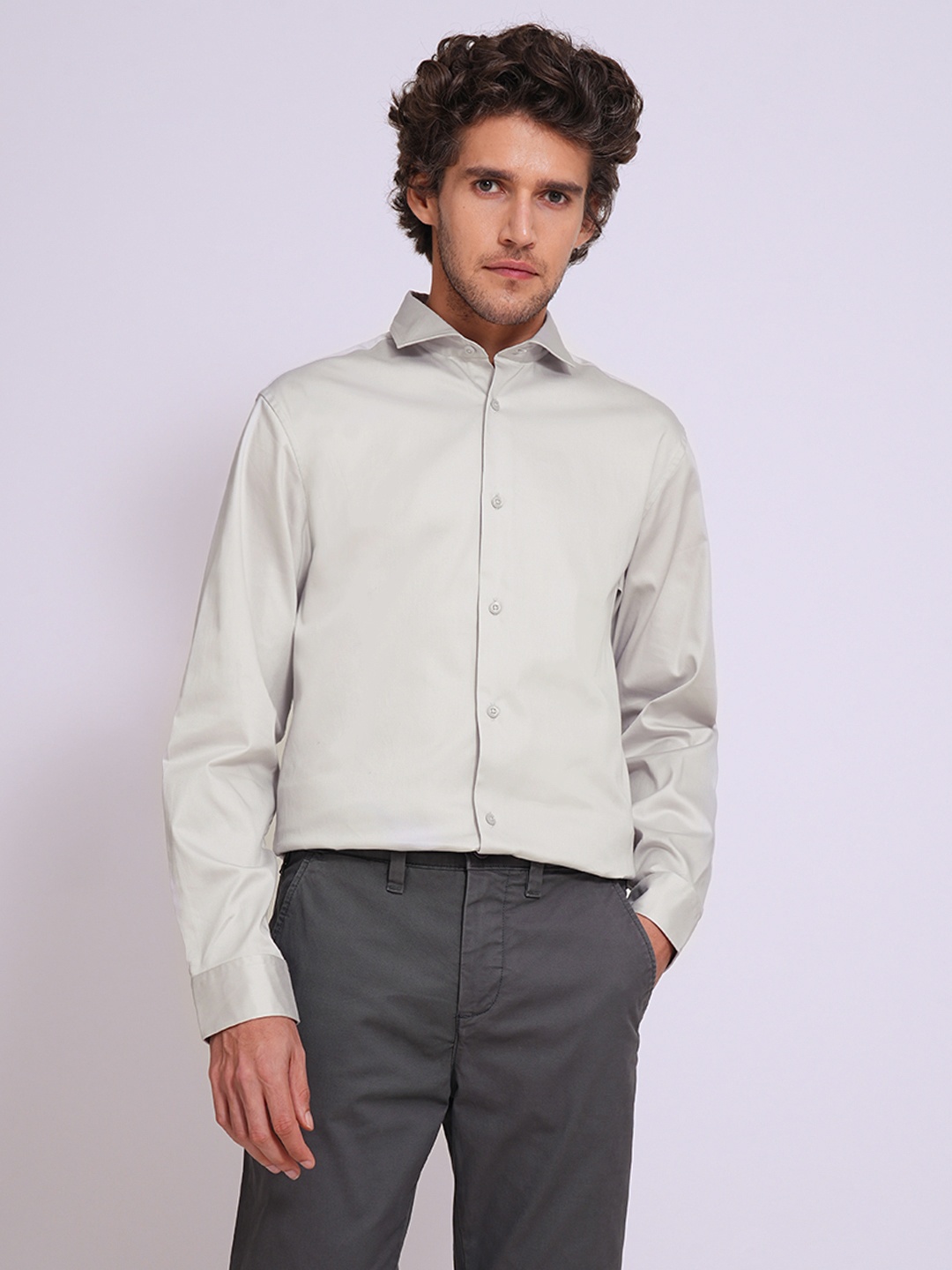 

SELECTED Men Spread Collar Solid Cotton Formal Shirt, Grey