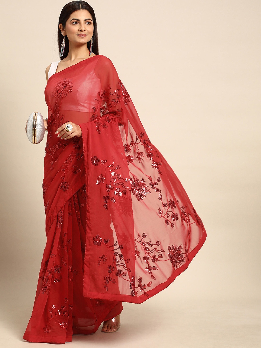 

Moda Rapido Ethnic Motifs Sequinned Pure Georgette Saree, Red