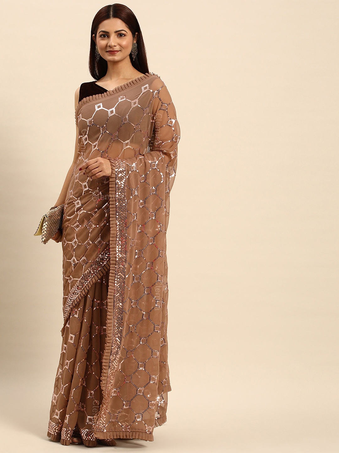 

Moda Rapido Geometric Embellished Sequinned Pure Georgette Saree, Brown