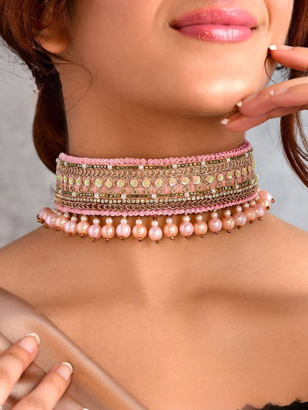 

EVERSTYLISH Sanjoya Pearls, Lace & Sequins Embroidered Choker Necklace, Gold