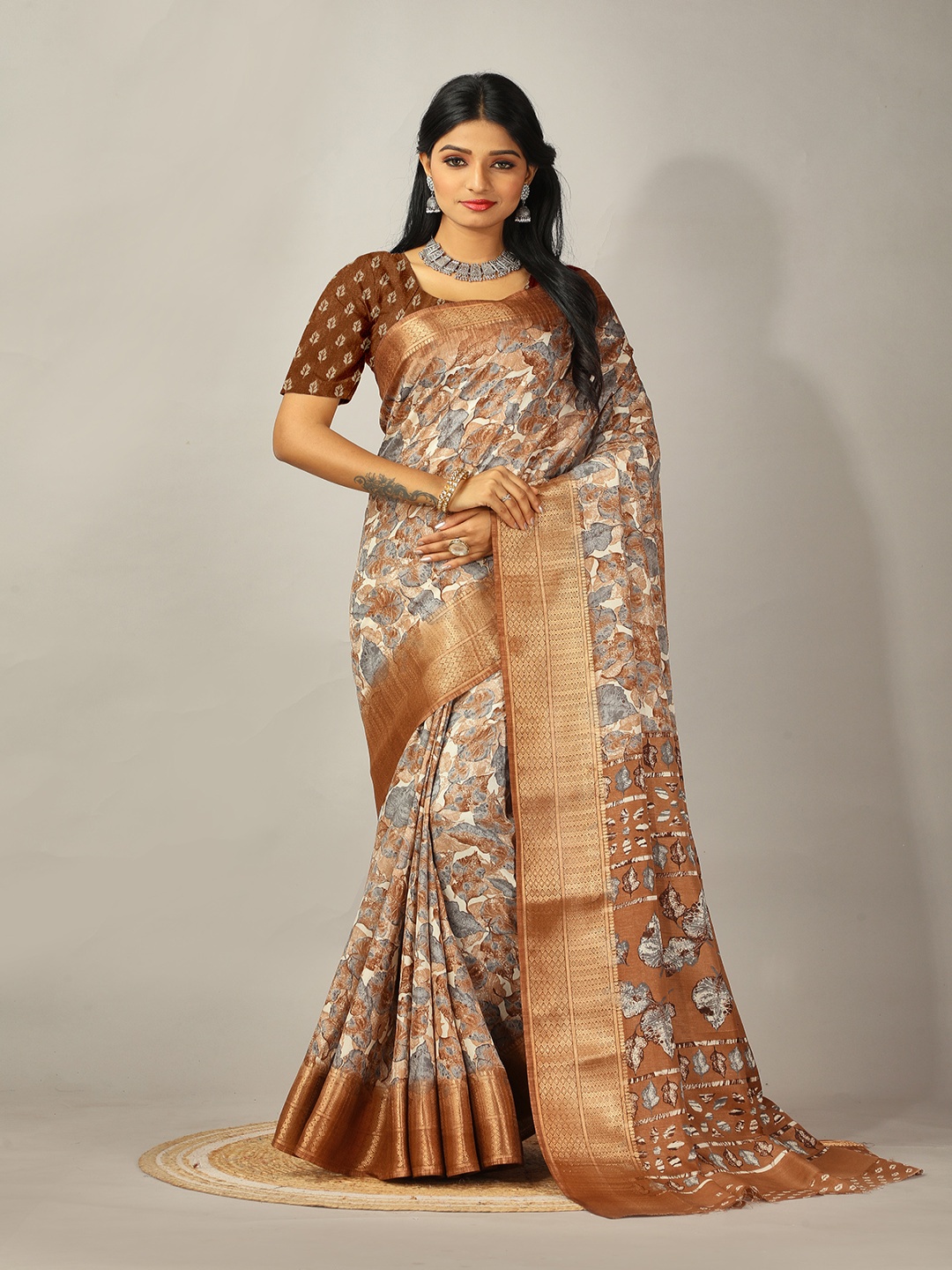 

A.V.M. SILK MILLS Woven Design Floral Printed Zari Saree, Brown