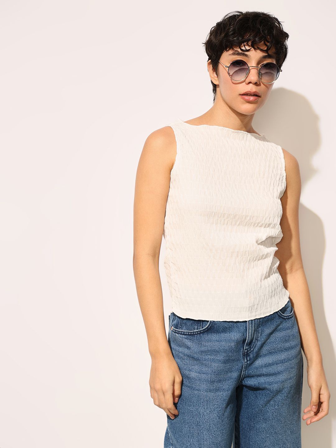 

ONLY Women Sleeveless Self Design Top, White