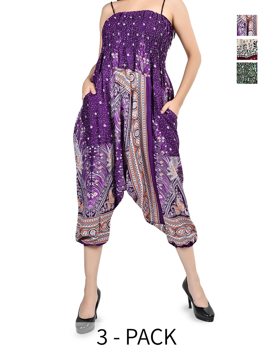 

NarNari Women Pack Of 3 Printed Mid-Rise Harem Pants, Purple