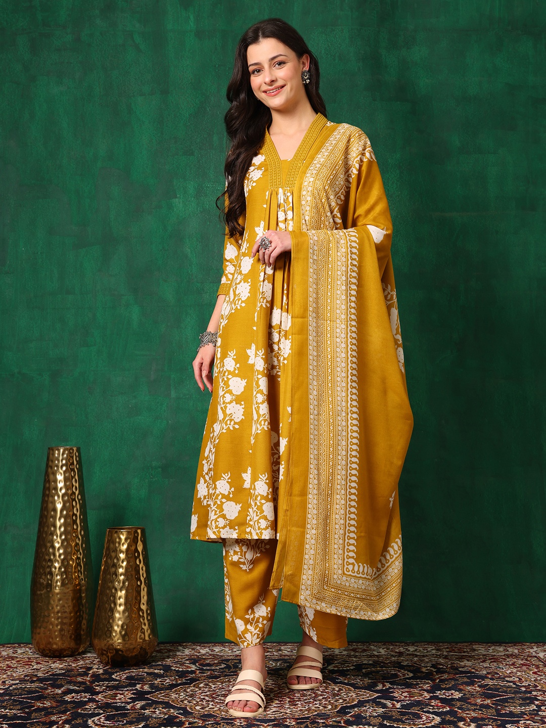 

KALINI Floral Printed A-Line Kurta with Palazzos & With Dupatta, Mustard