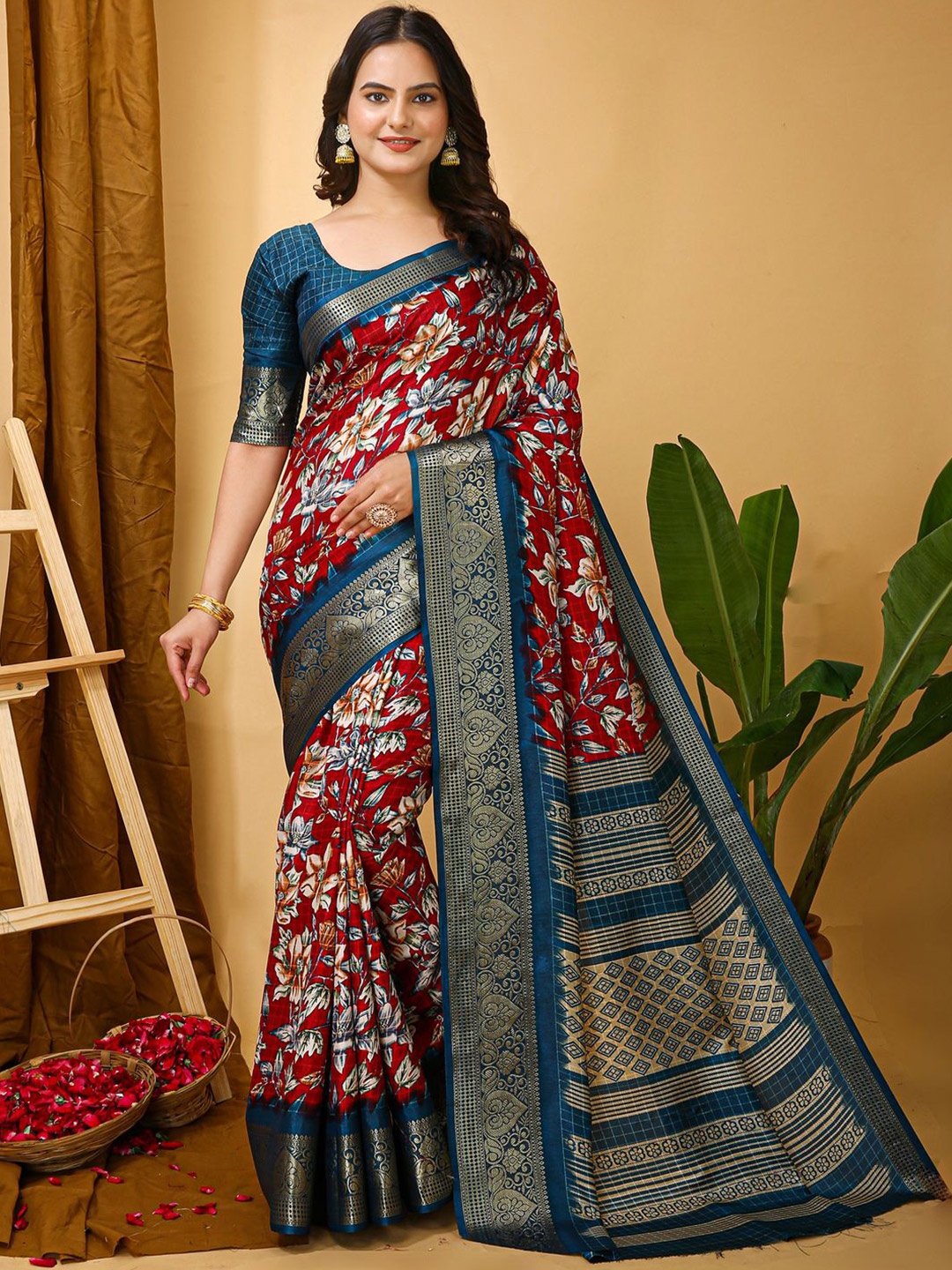 

Anouk Rustic Floral Zari Silk Blend Sungudi Saree, Red