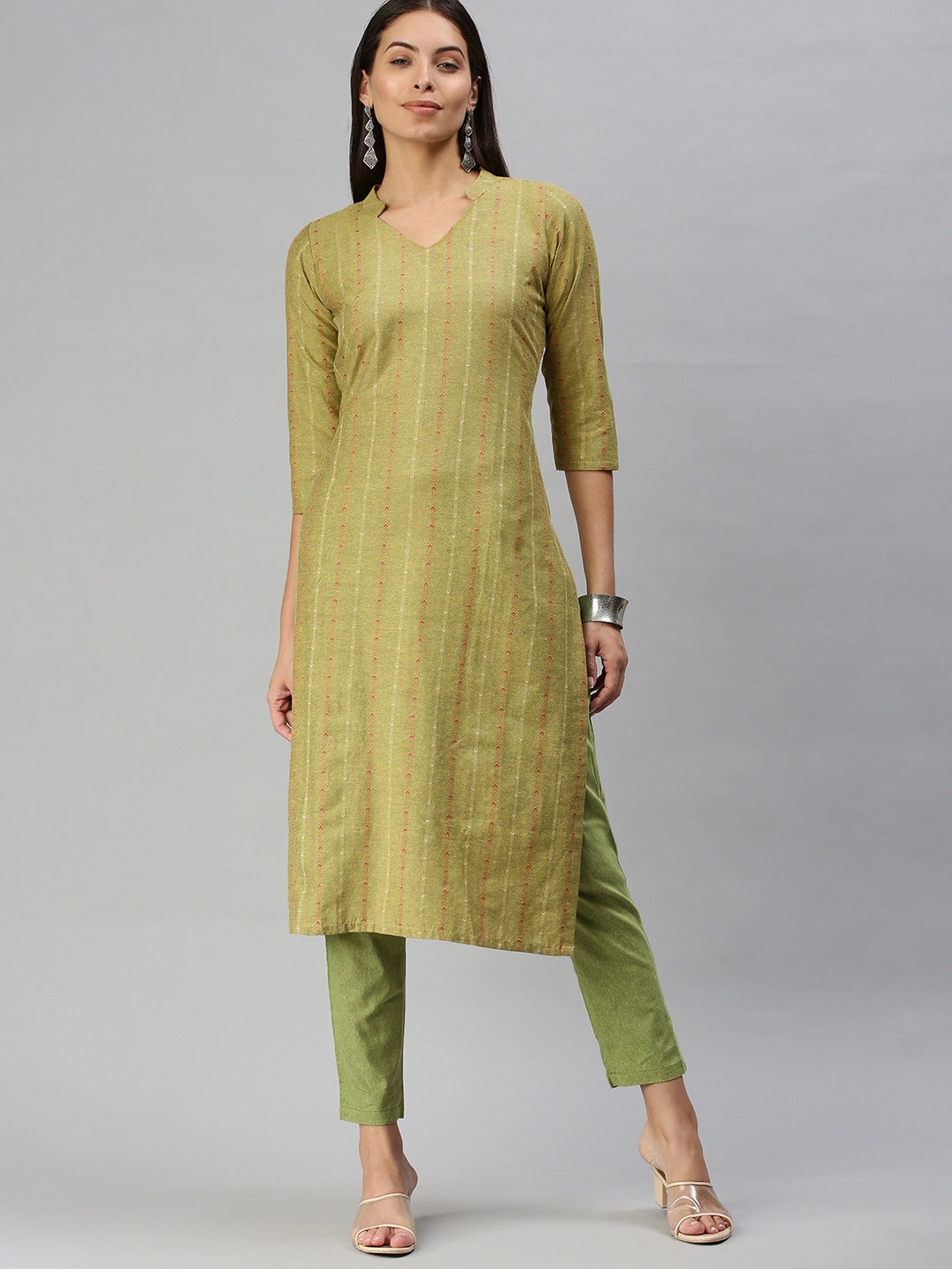 

Fourleaf Women Striped Regular Thread Work Kurta with Trousers, Olive