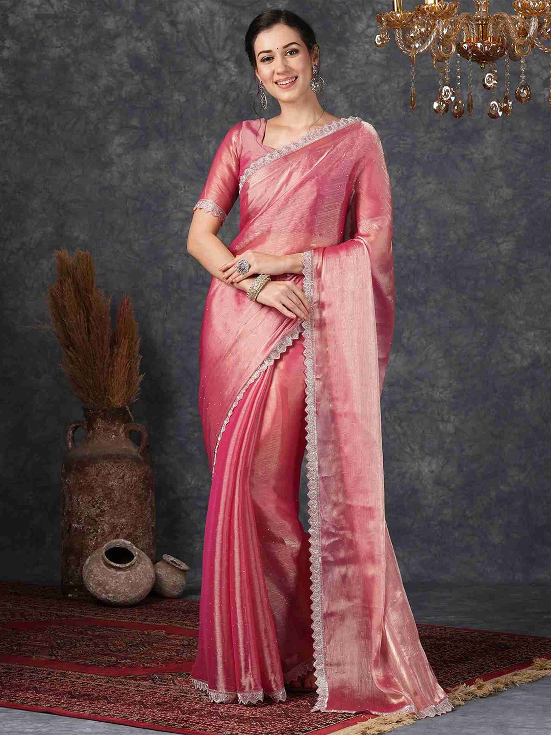 

DHARMEE Women Embellished Beads and Stones Saree With Blouse., Pink