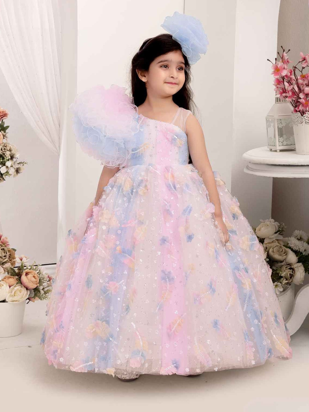 

Lagorii Girls Ruffled Asymmetric Sleeves And Sequin Gown - Multicolor, Blue