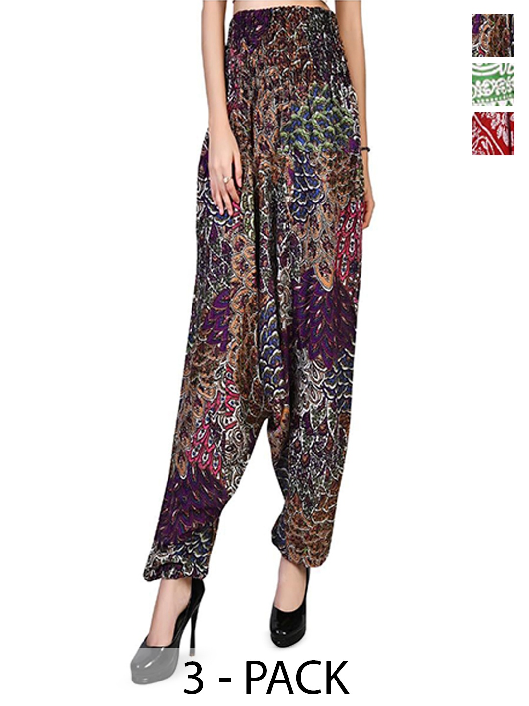 

NarNari Pack Of 3 Printed Mid-Rise Harem Pants, Green