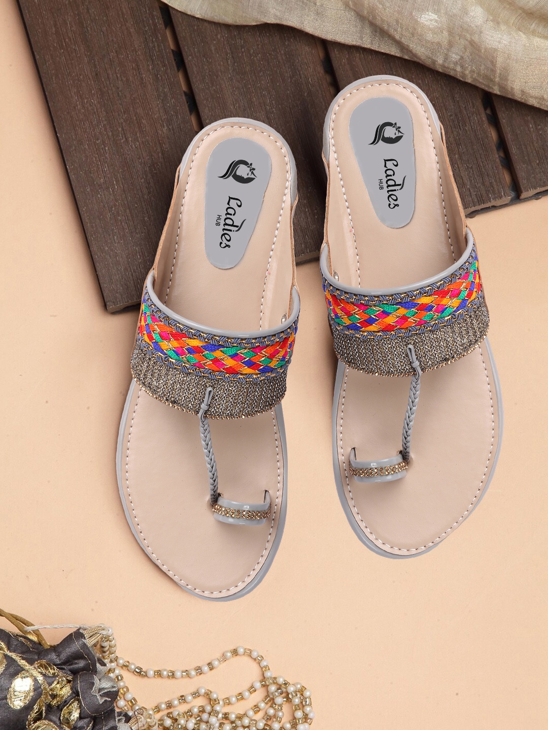 

Ladies Hub Women Embellished One-Toe Kolhapuri Flats, Grey