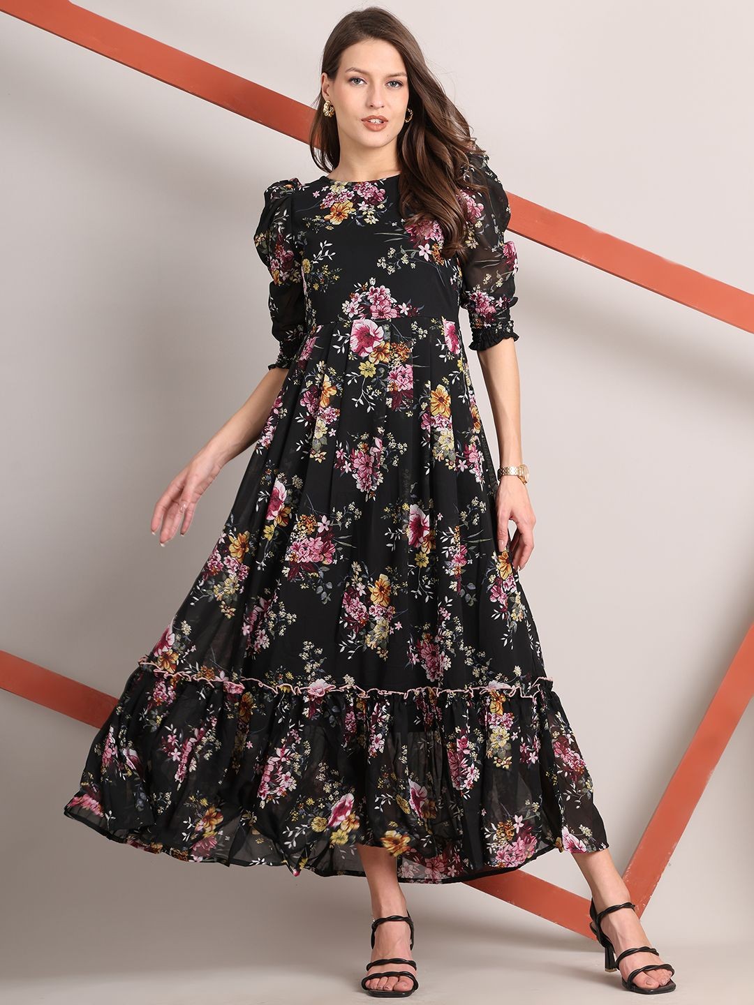 

La Zoire Women Floral Printed Fit & Flare Maxi Dress, Black