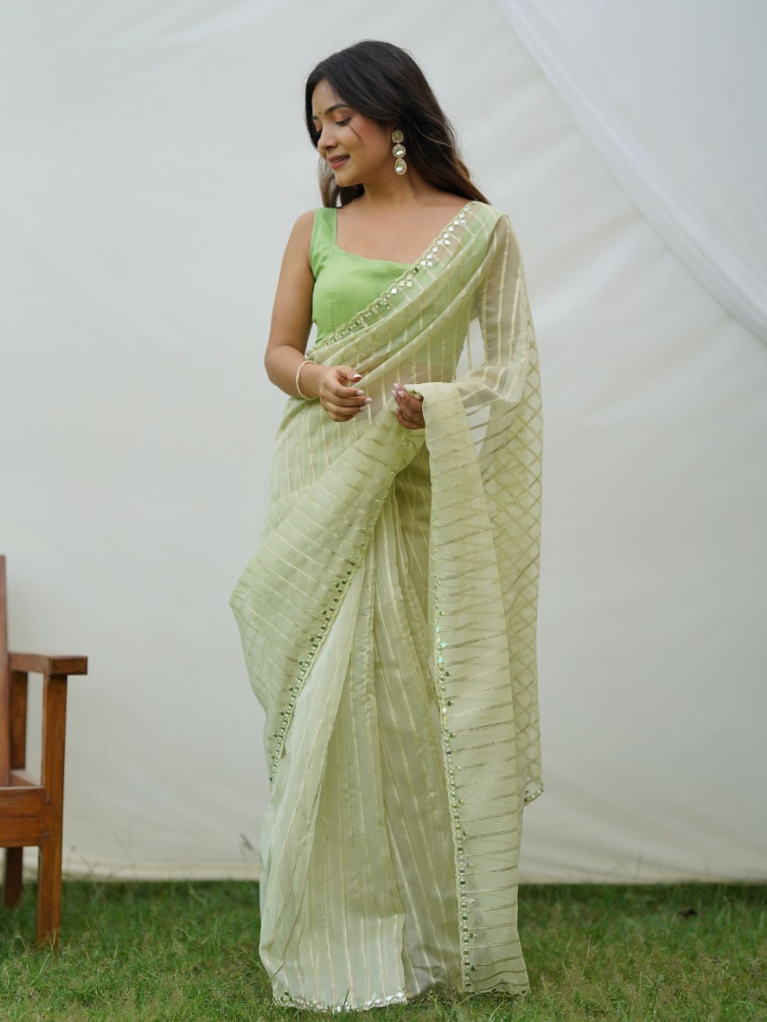 

ODETTE Striped Embroidered Organza Saree, Green