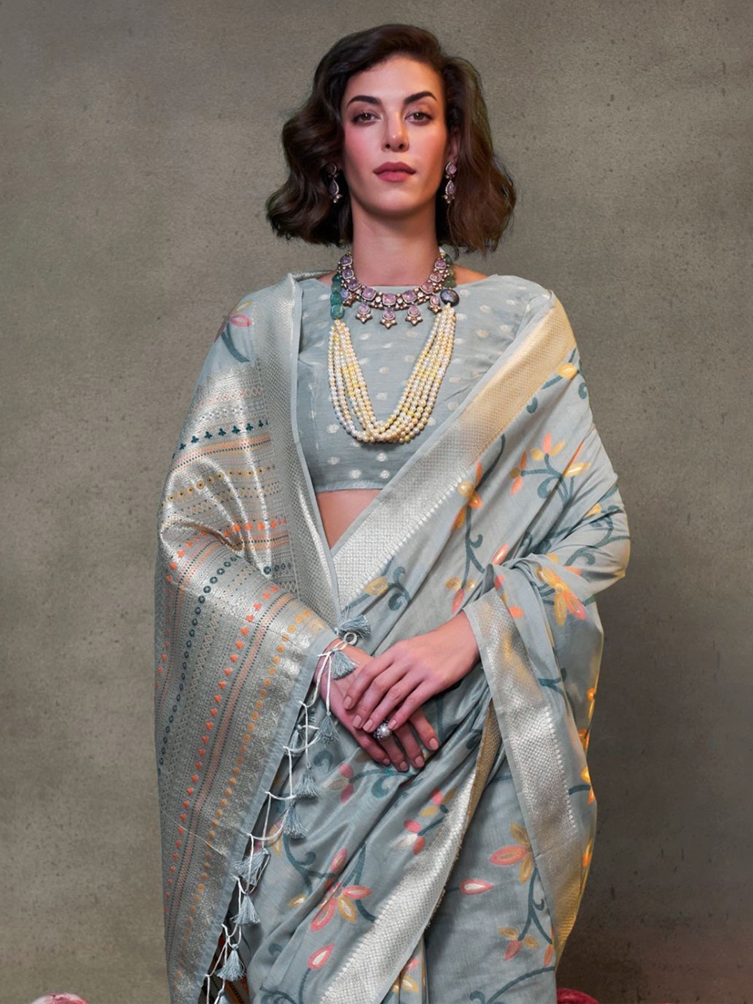 

BLENDIFY Woven Design Zari Silk Cotton Jamdani Saree, Grey