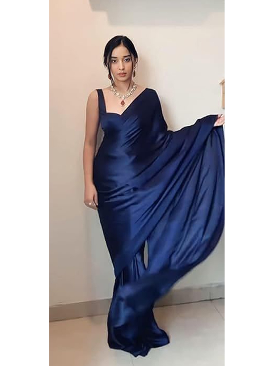 

Shopaz Satin Ready to Wear Saree, Navy blue