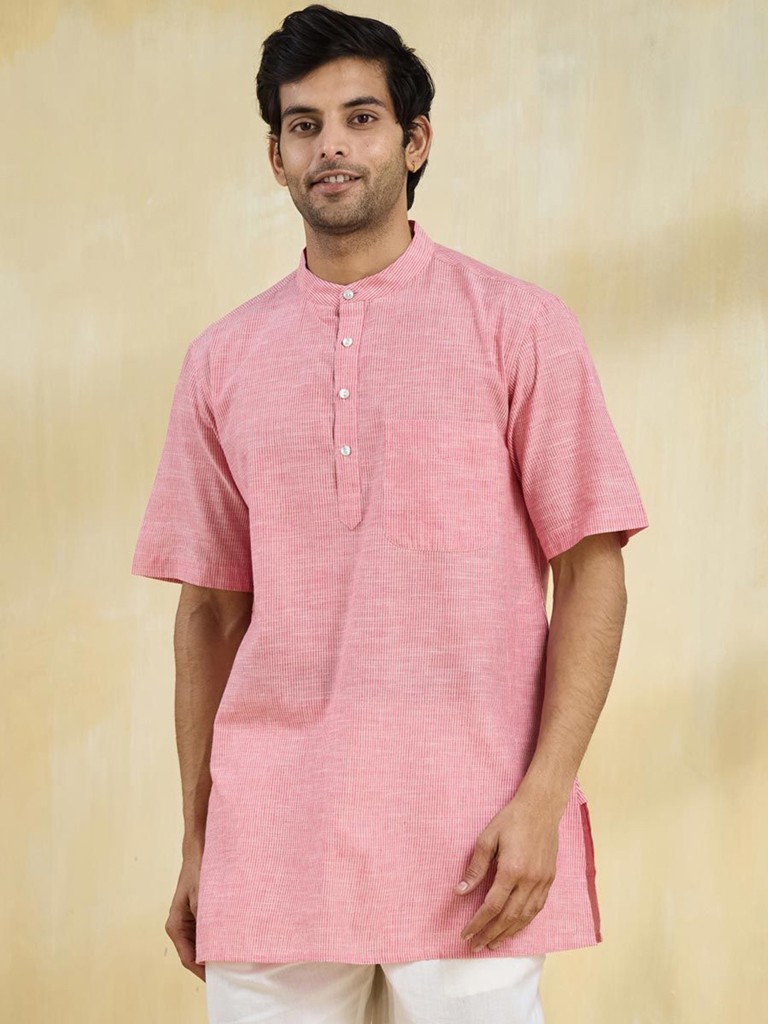 

Fabindia Woven Design Mandarin Collar Cotton Straight Short Kurta, Red