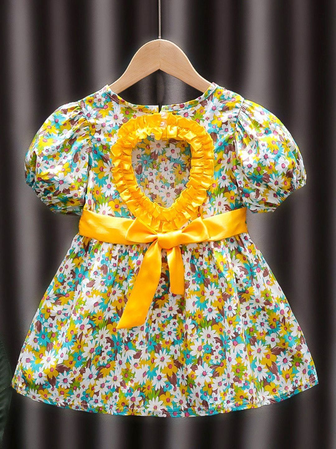 

YK Girls Floral Printed Puff Sleeve Fit & Flare Dress, Yellow