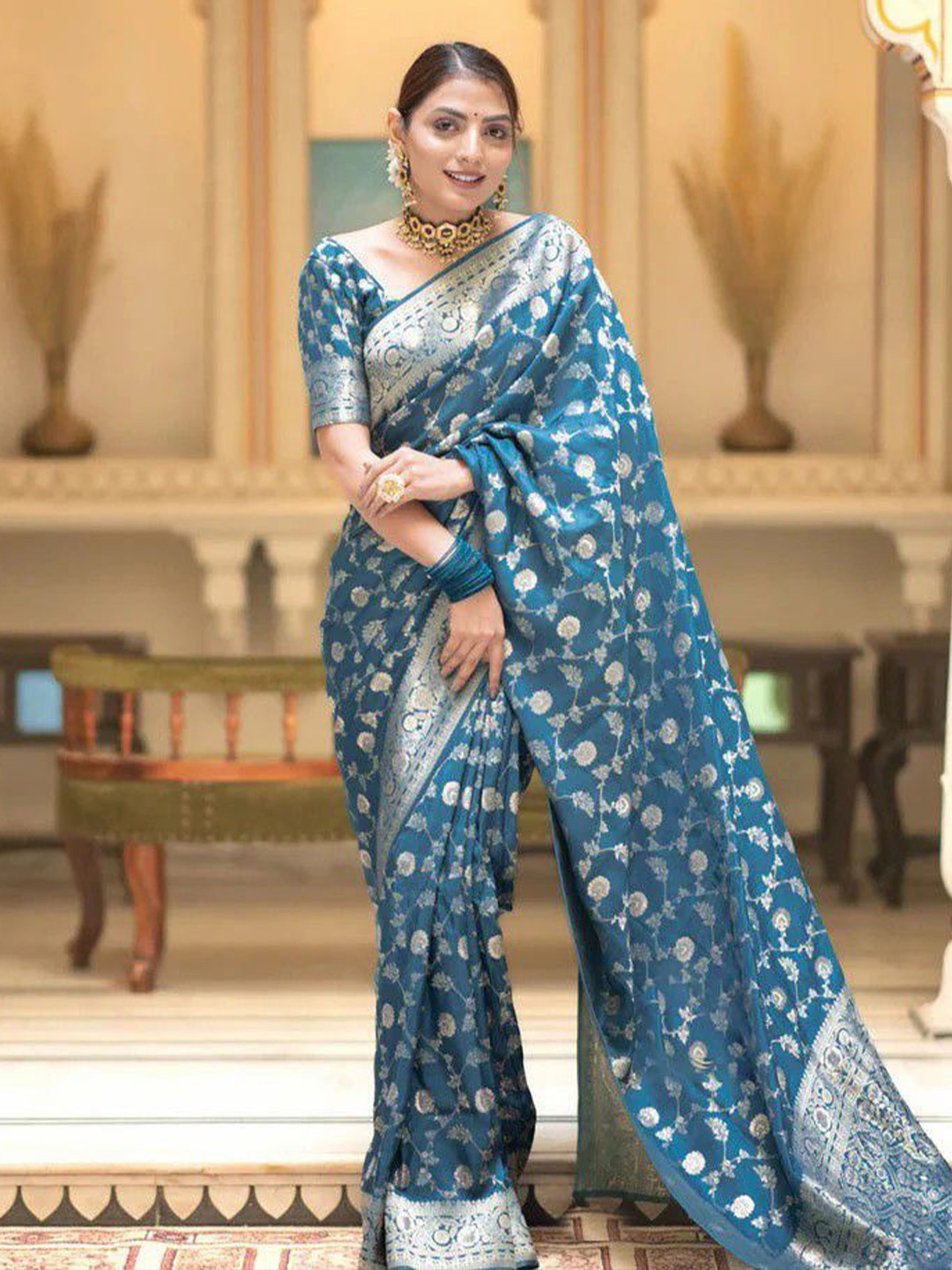 

yourwish Woven Design Zari Pure Silk Banarasi Saree, Turquoise blue