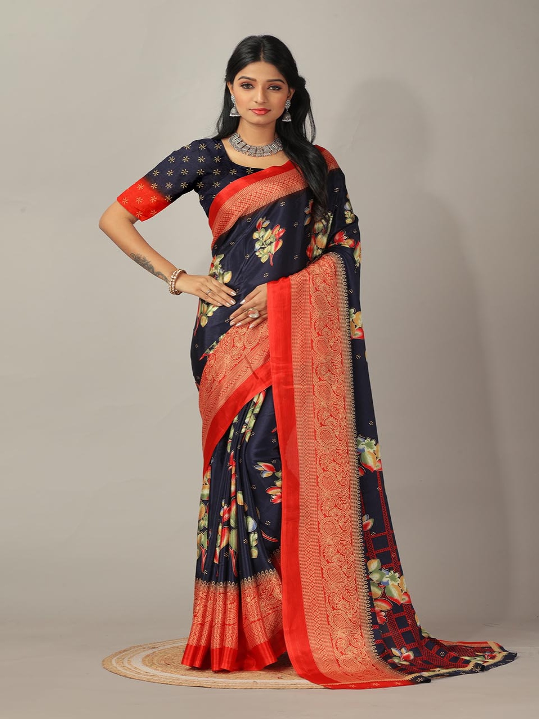

NIRMAL CREATION Floral Printed Pure Crepe Saree, Navy blue
