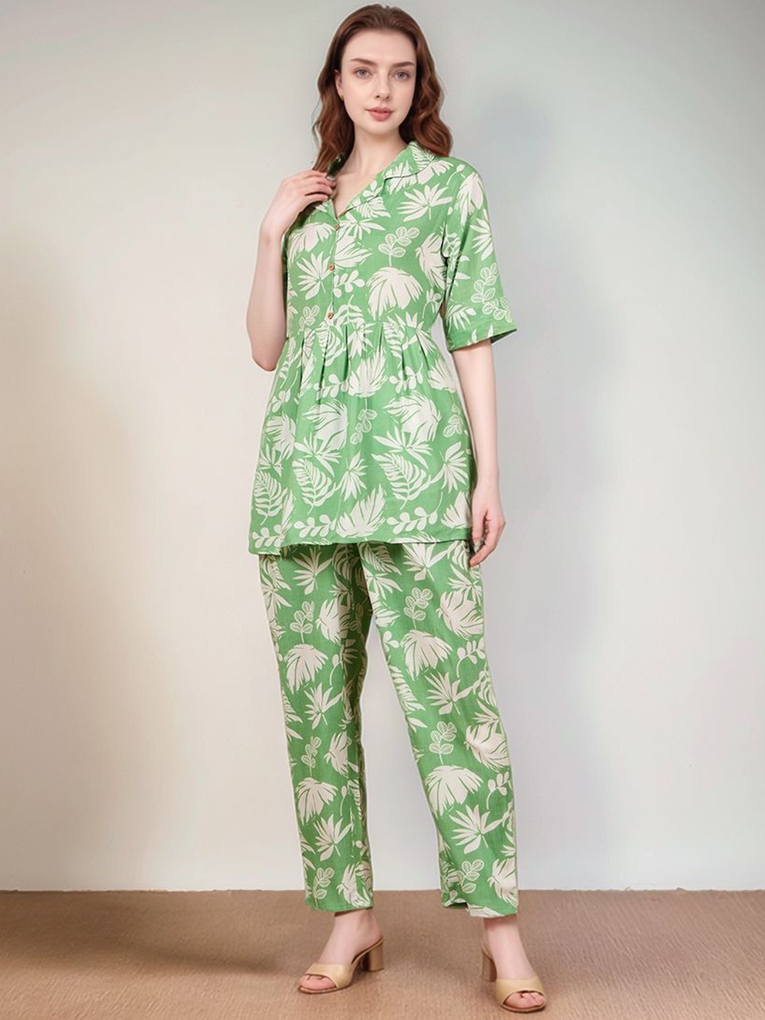 

ANEKYA Floral Printed Lapel Collar Pure Cotton Tunic With Trouser, Green
