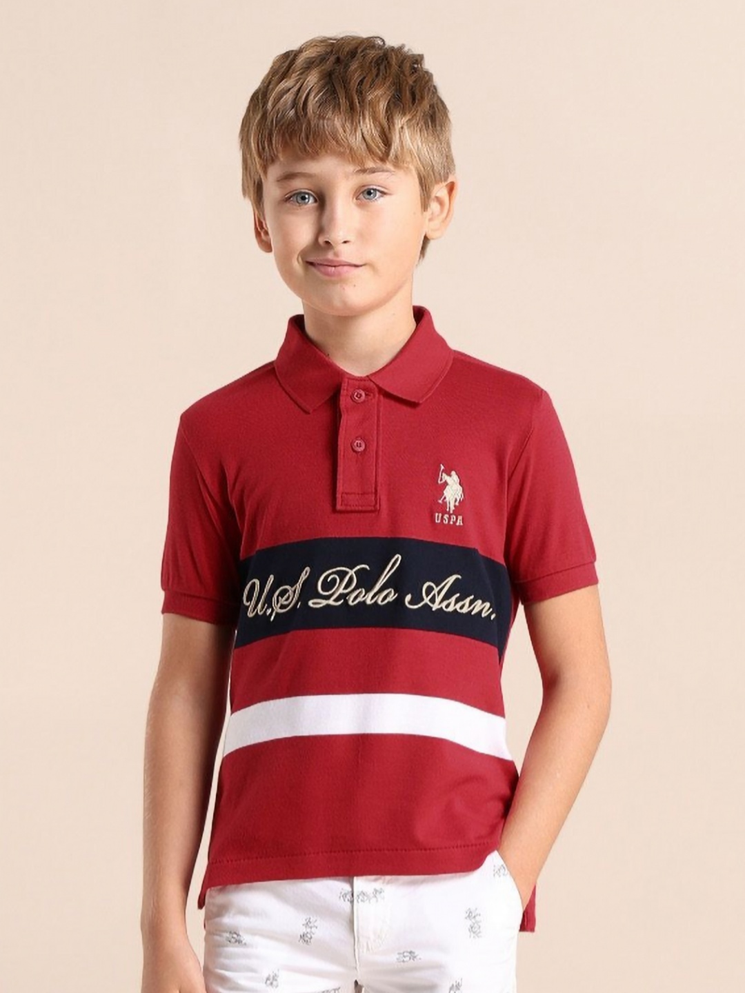 

U.S. Polo Assn. Kids Boys Brand Logo Colourblocked Polo Collar Pockets T-shirt, Red