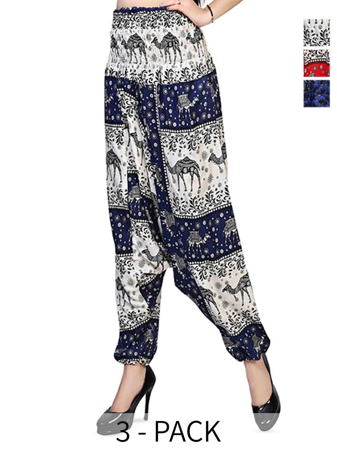 

NarNari Women Pack Of 3 Printed Mid-Rise Harem Pants, Navy blue