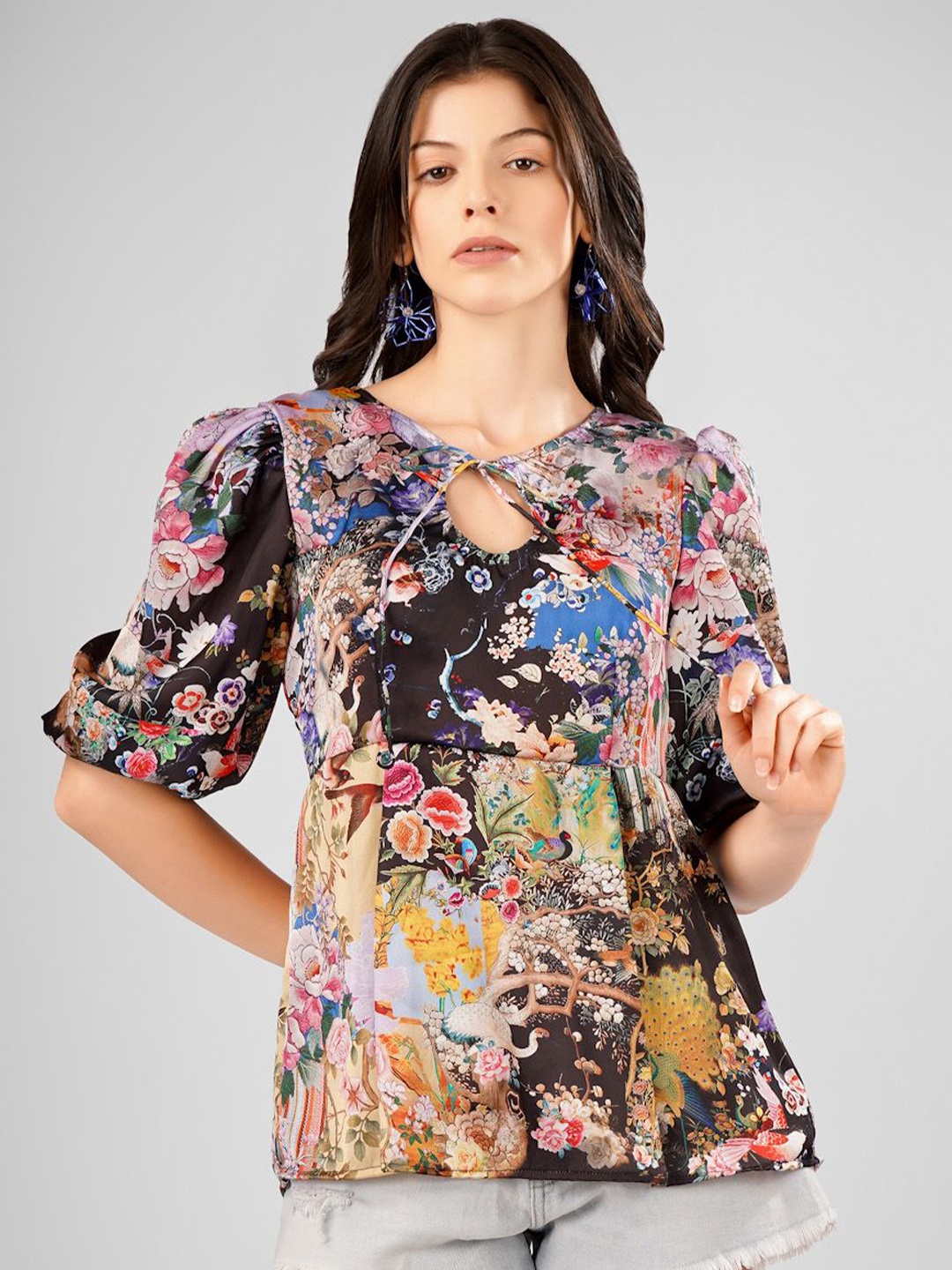 

Sukshat Floral Print Tie-Up Neck Flared Sleeve Satin Top, Multi