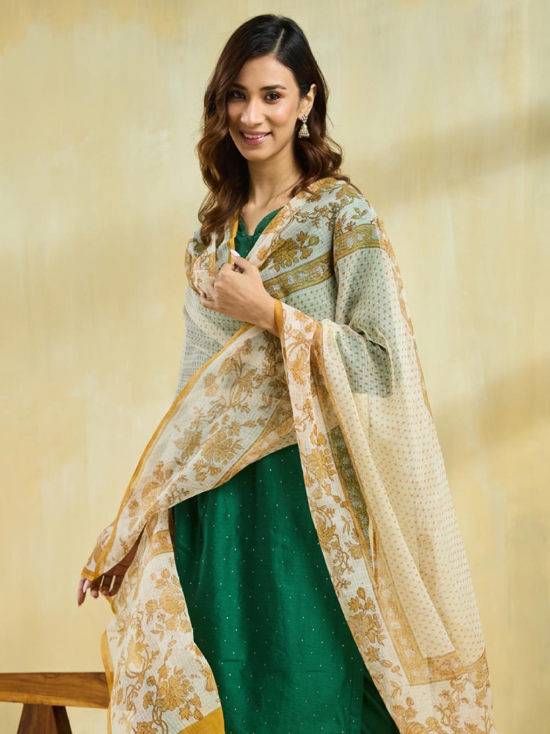 

Fabindia Floral Printed Cotton Silk Block Print Technique Dupatta, White