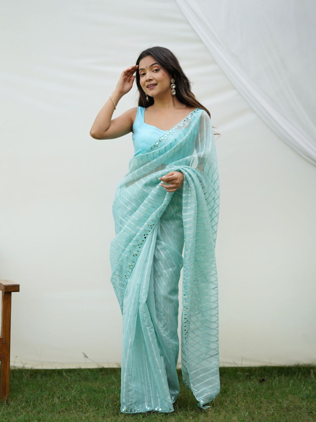 

ODETTE Striped Mirror Work Organza Saree, Blue