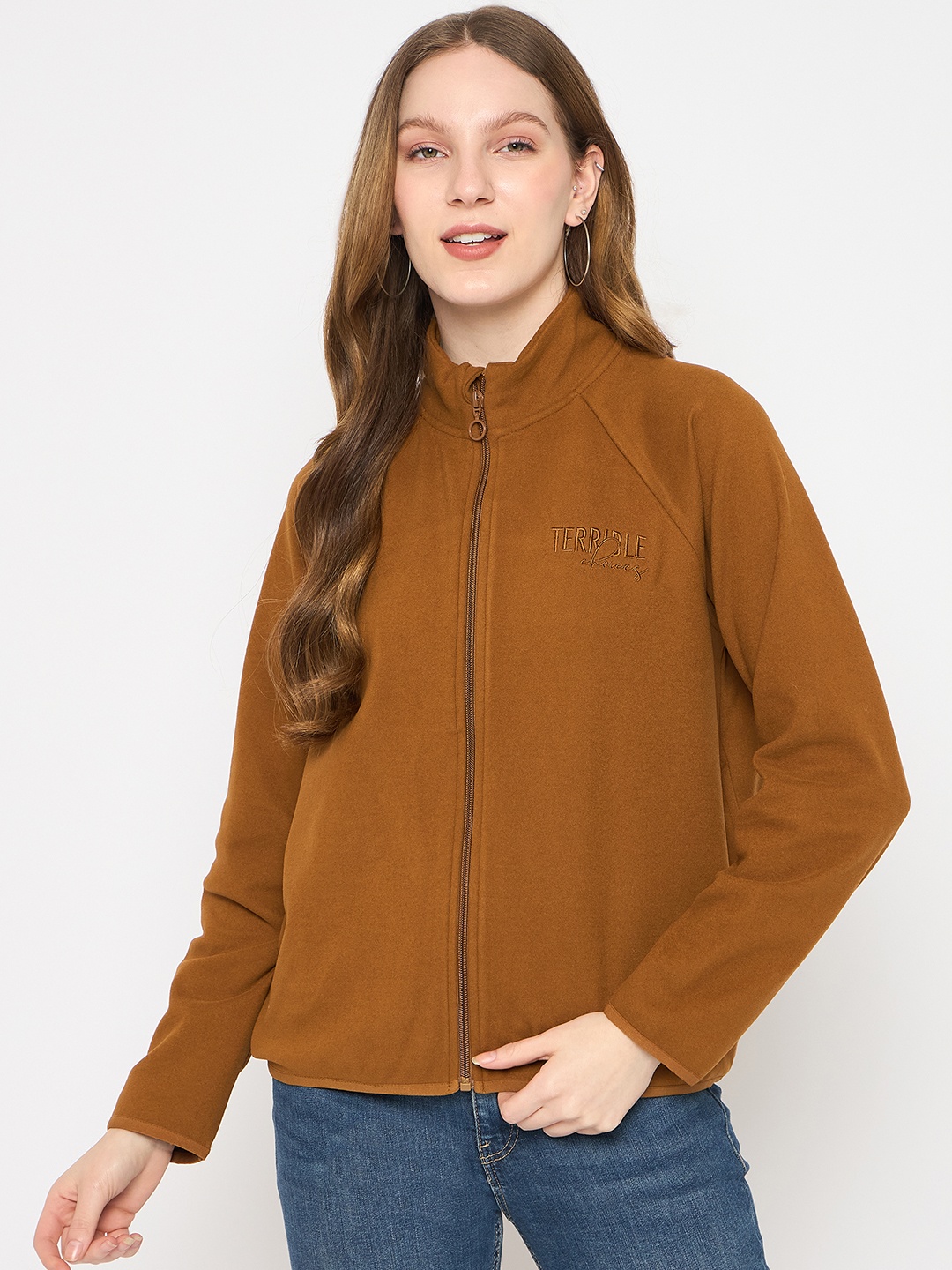 

Madame Women Typography Embroidered Mock Collar Front-Open Sweatshirt, Rust